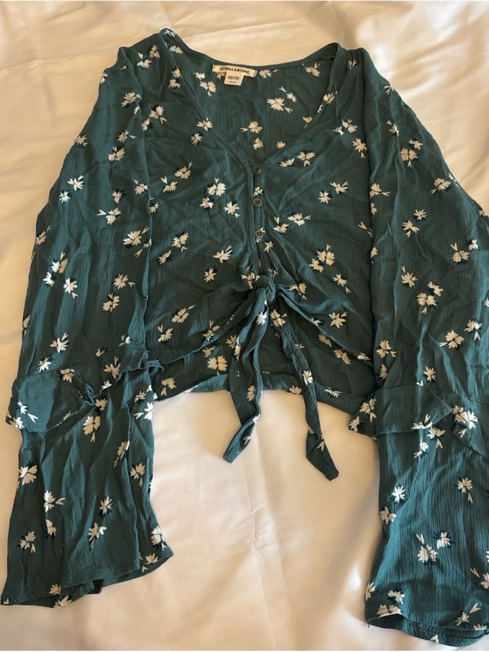Billabong Teal Floral Tie-Front Blouse
